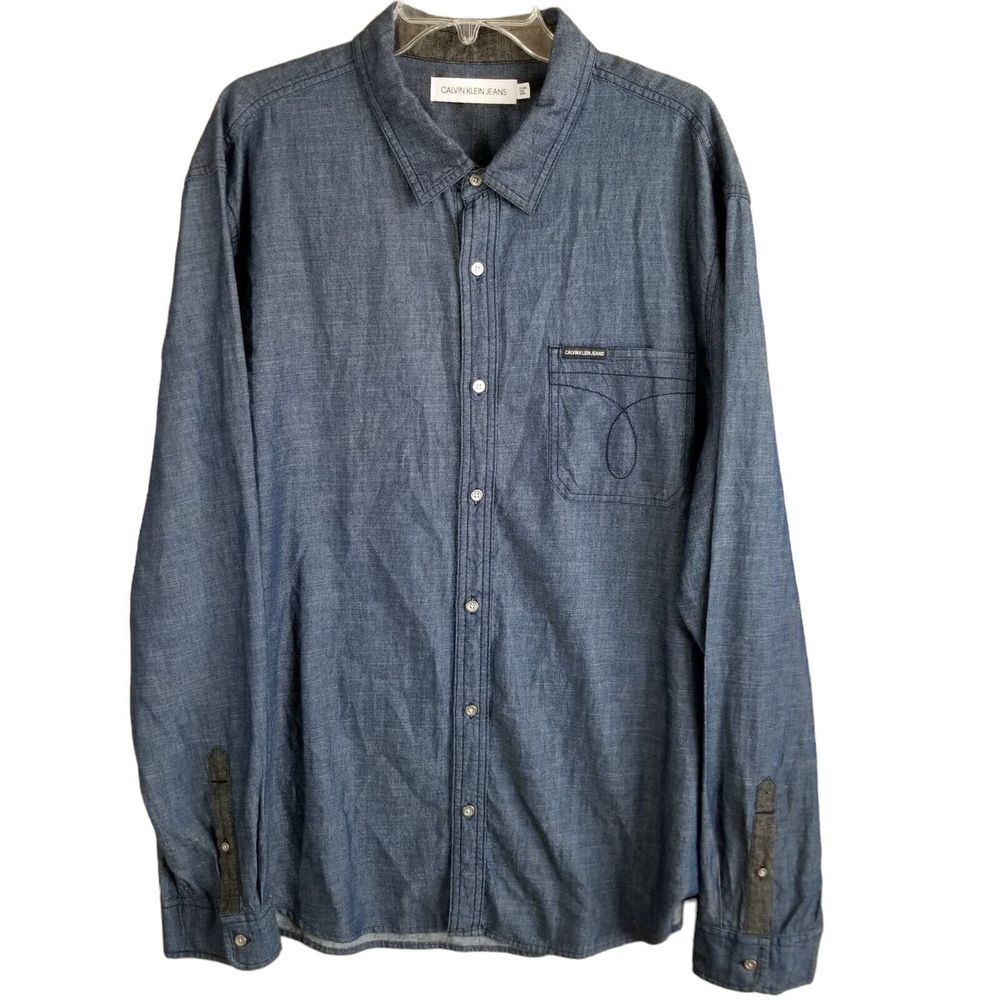 Calvin Klein Jeans Men Size 2XL Blue Denim Cotton Long Sleeve Casual Jean Shirt